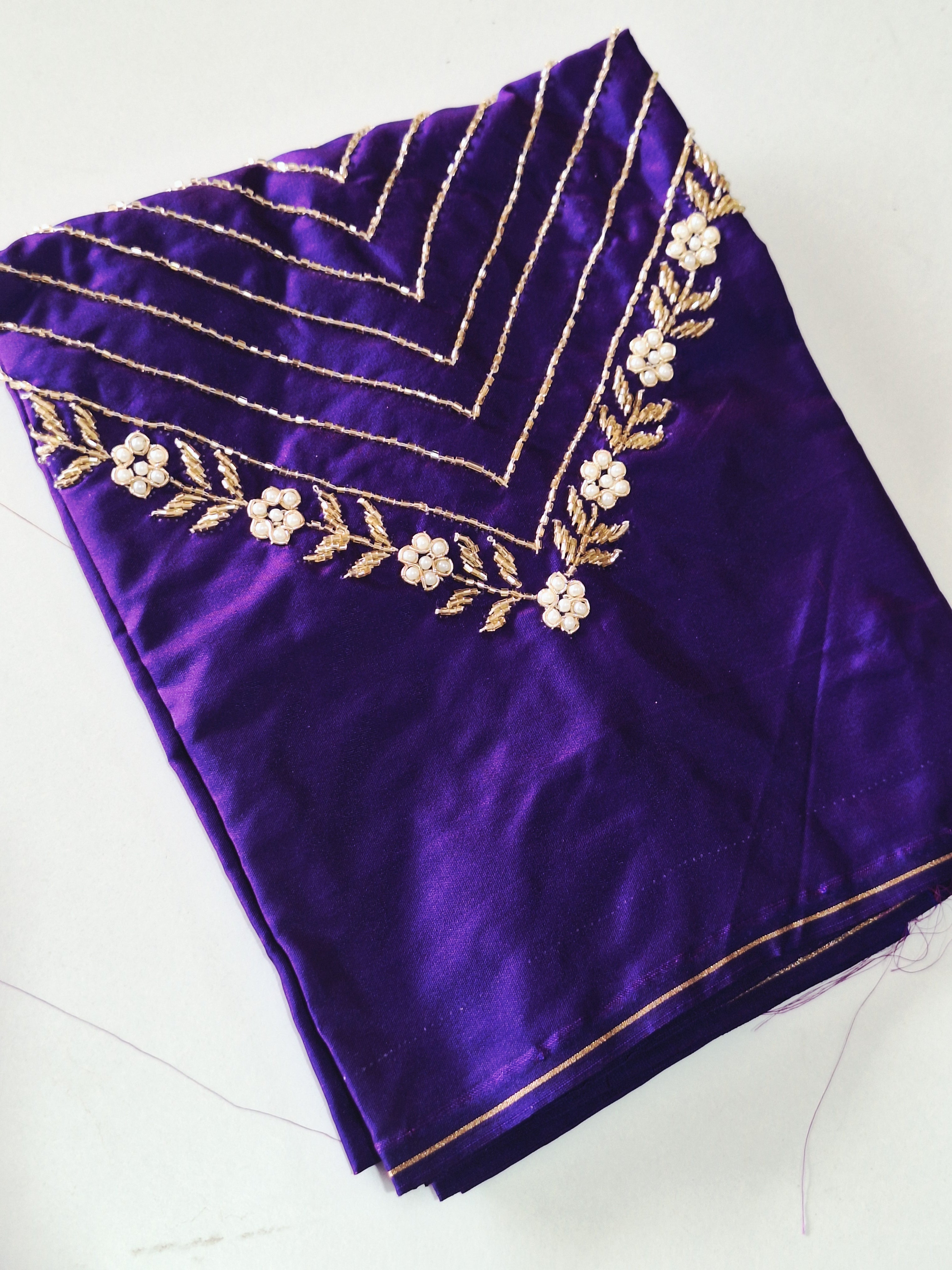 High Sleeve Bridal Aari Work Blouse – Hand Aari with Katdhana & Pearl Beads