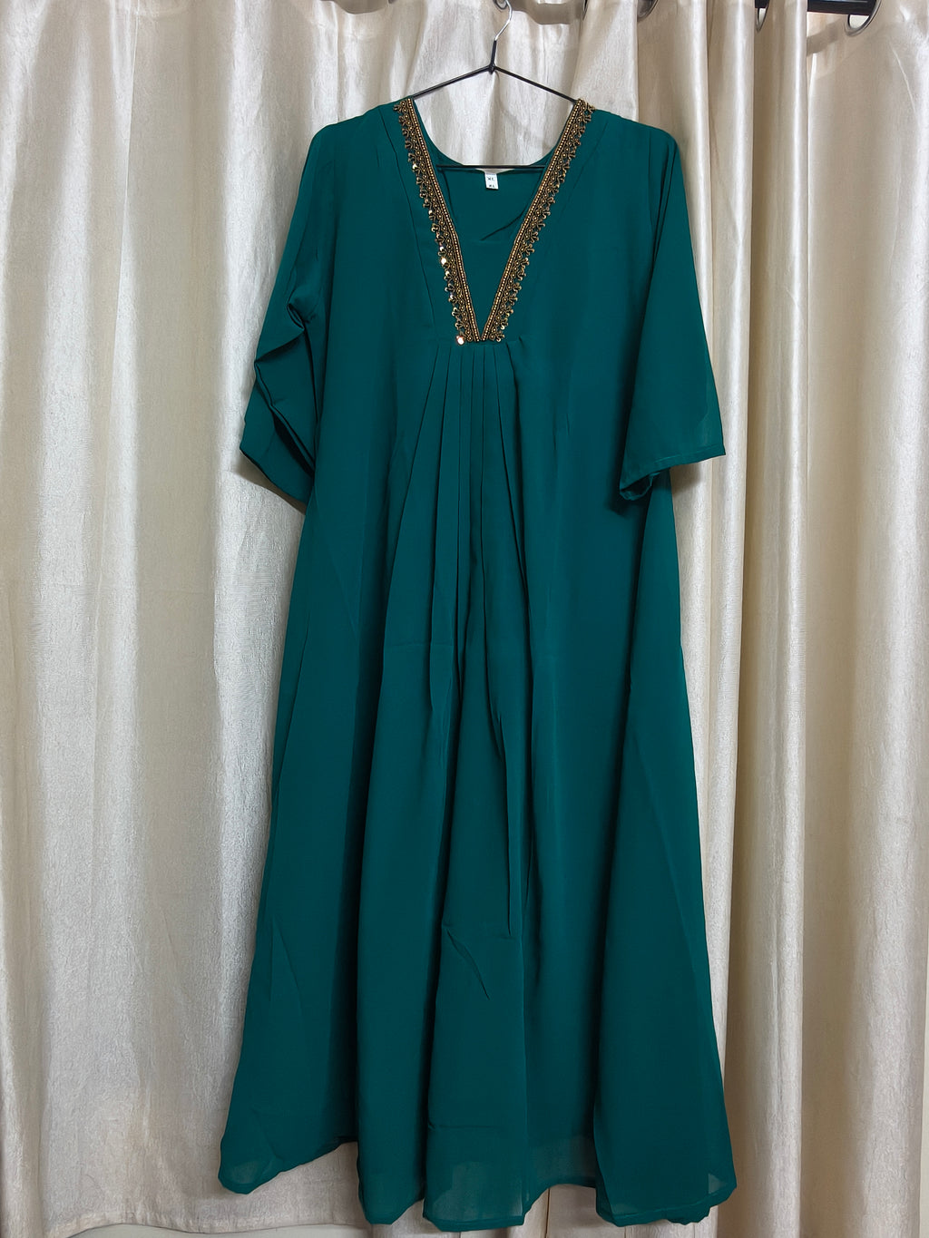 Hand aari work V neck georgette kurti Rama Green