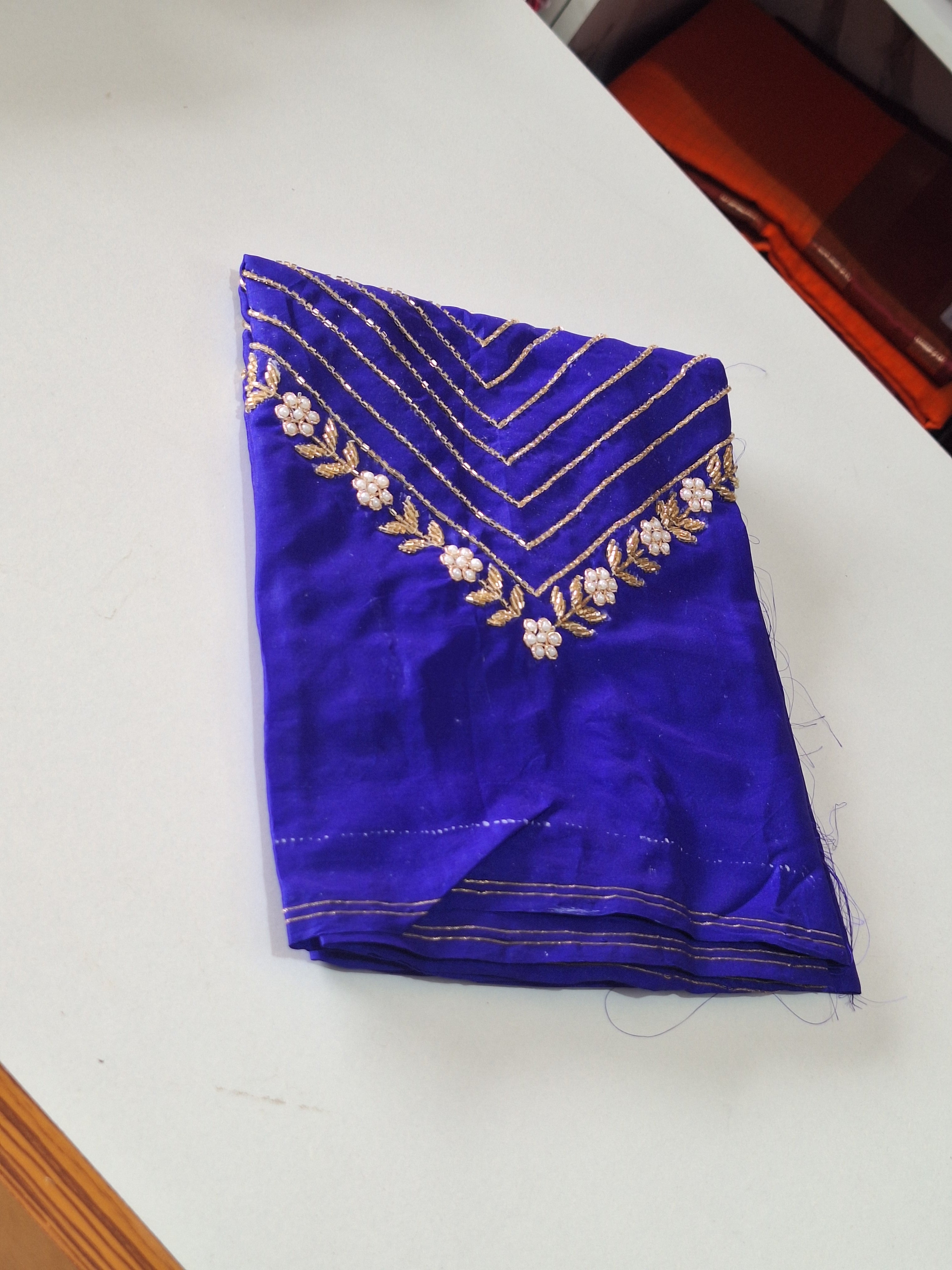 High Sleeve Bridal Aari Work Blouse – Hand Aari with Katdhana & Pearl Beads