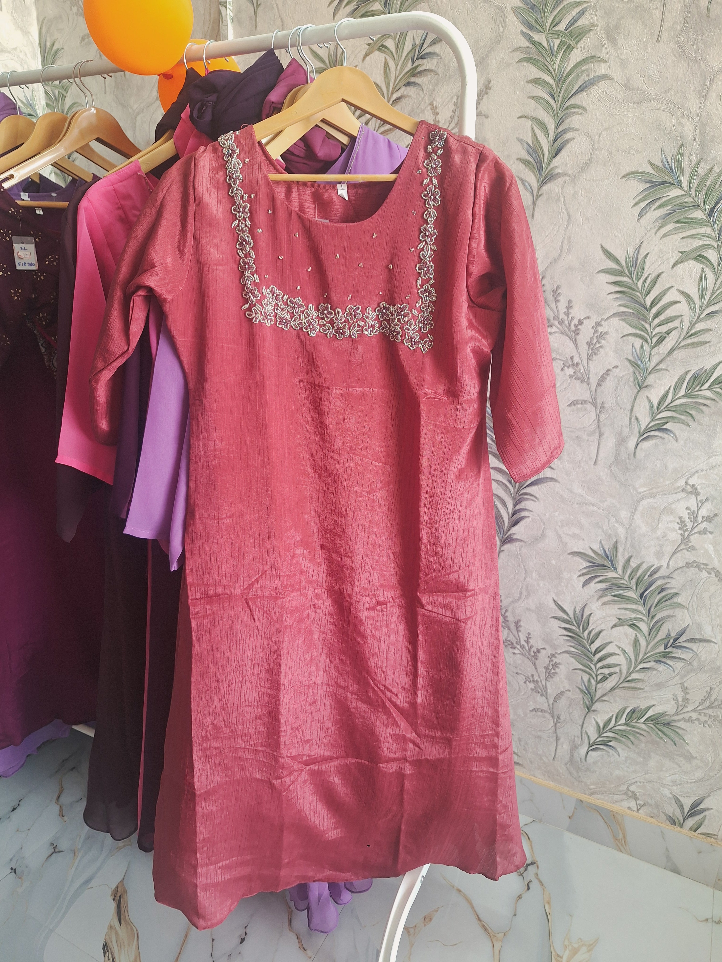 Hand Aari Beaded Kurti – Silver Bead Work, Festive & Formal Wear