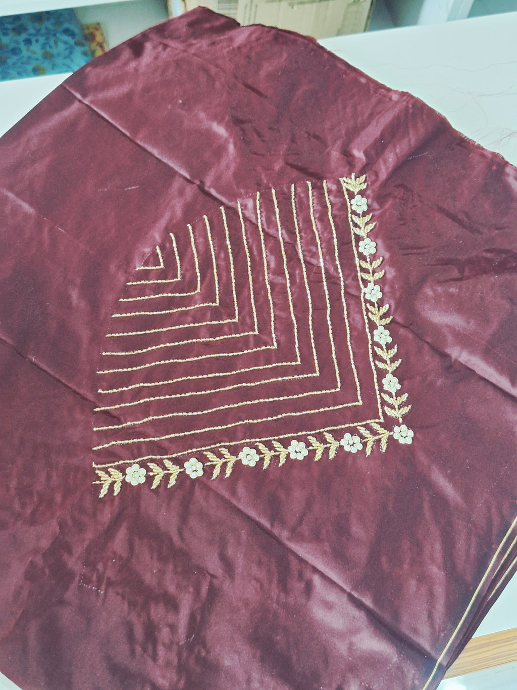 High Sleeve Bridal Aari Work Blouse – Hand Aari with Katdhana & Pearl Beads