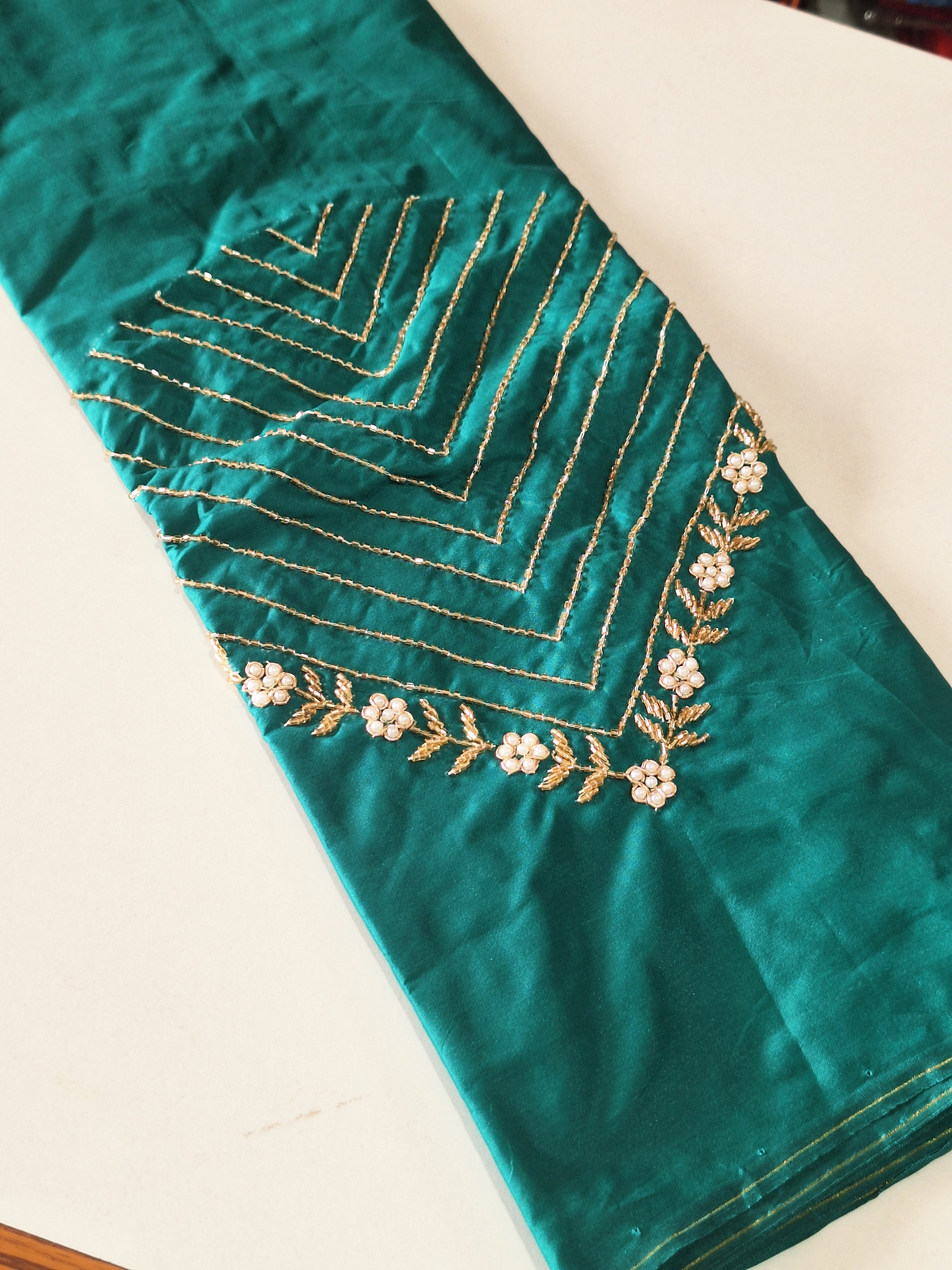High Sleeve Bridal Aari Work Blouse – Hand Aari with Katdhana & Pearl Beads