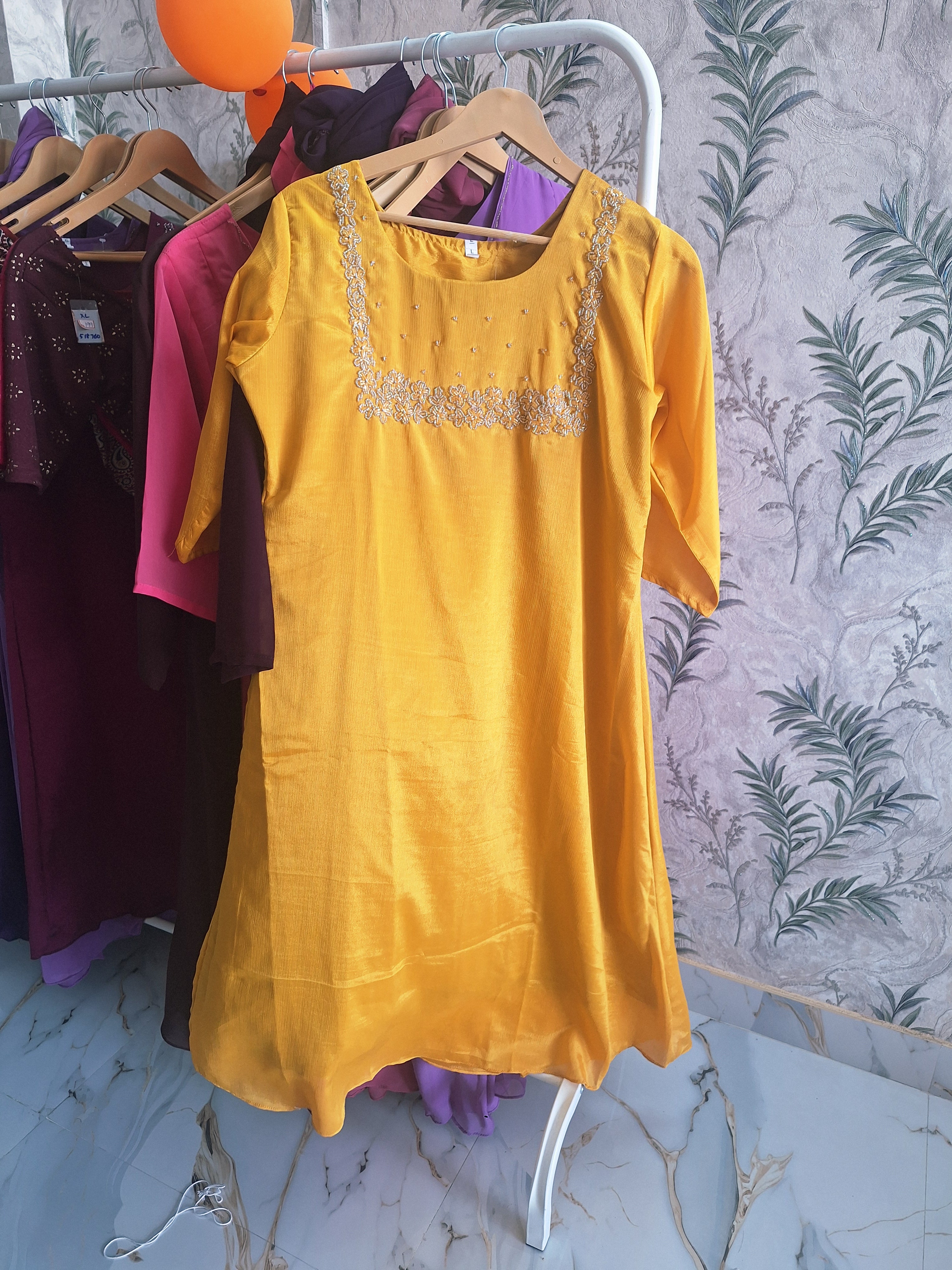 Hand Aari Beaded Kurti – Silver Bead Work, Festive & Formal Wear