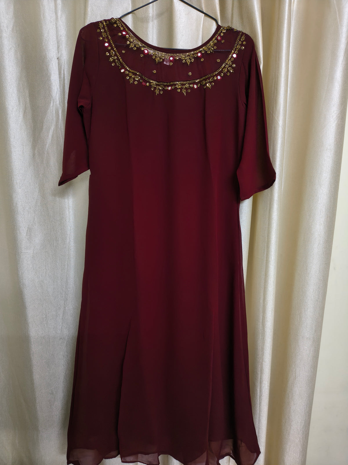 Jewel Neck A-Line Kurti Maroon