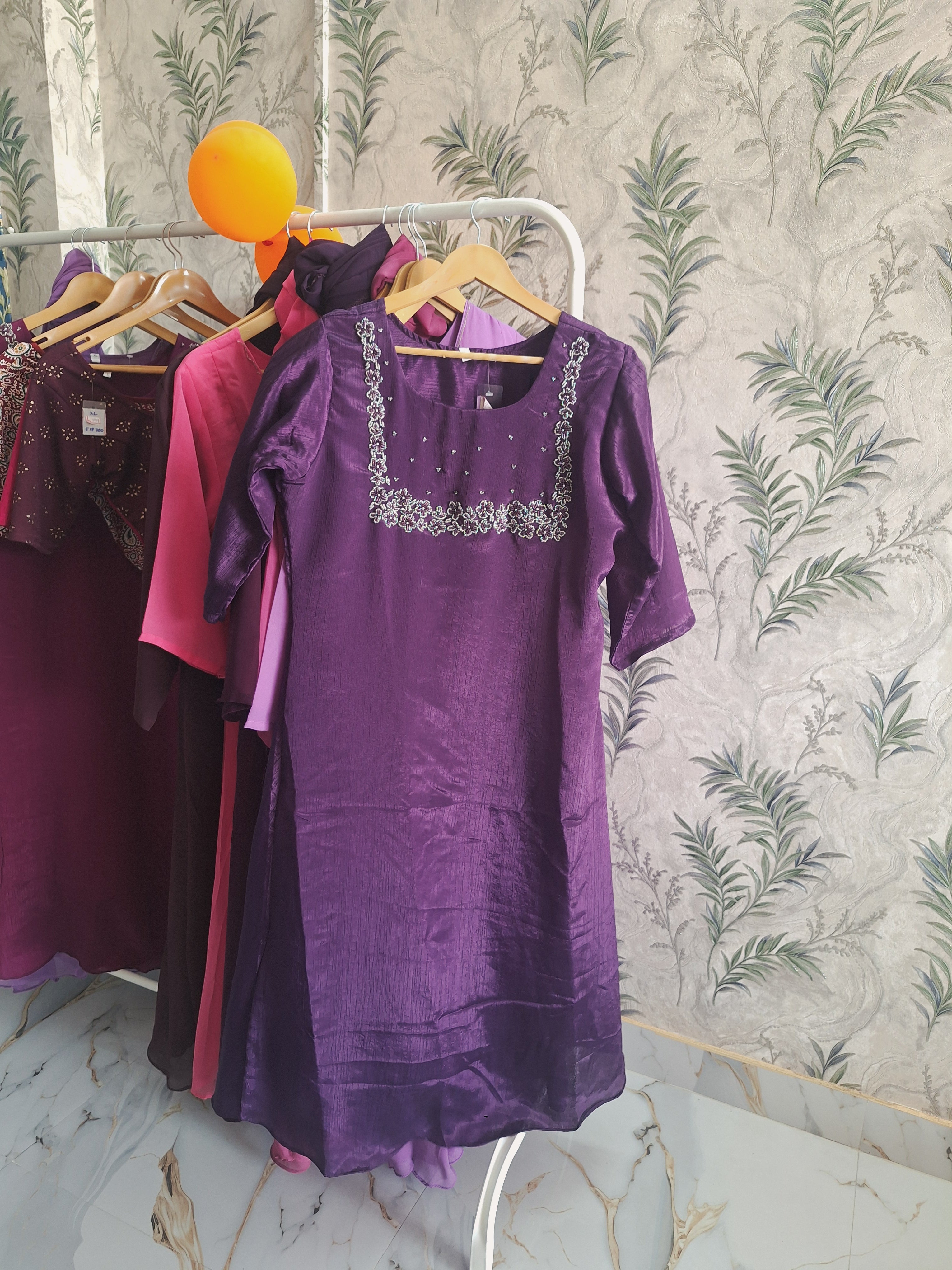 Hand Aari Beaded Kurti – Silver Bead Work, Festive & Formal Wear