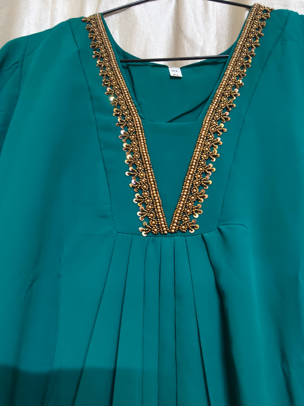 Hand aari work V neck georgette kurti Rama Green