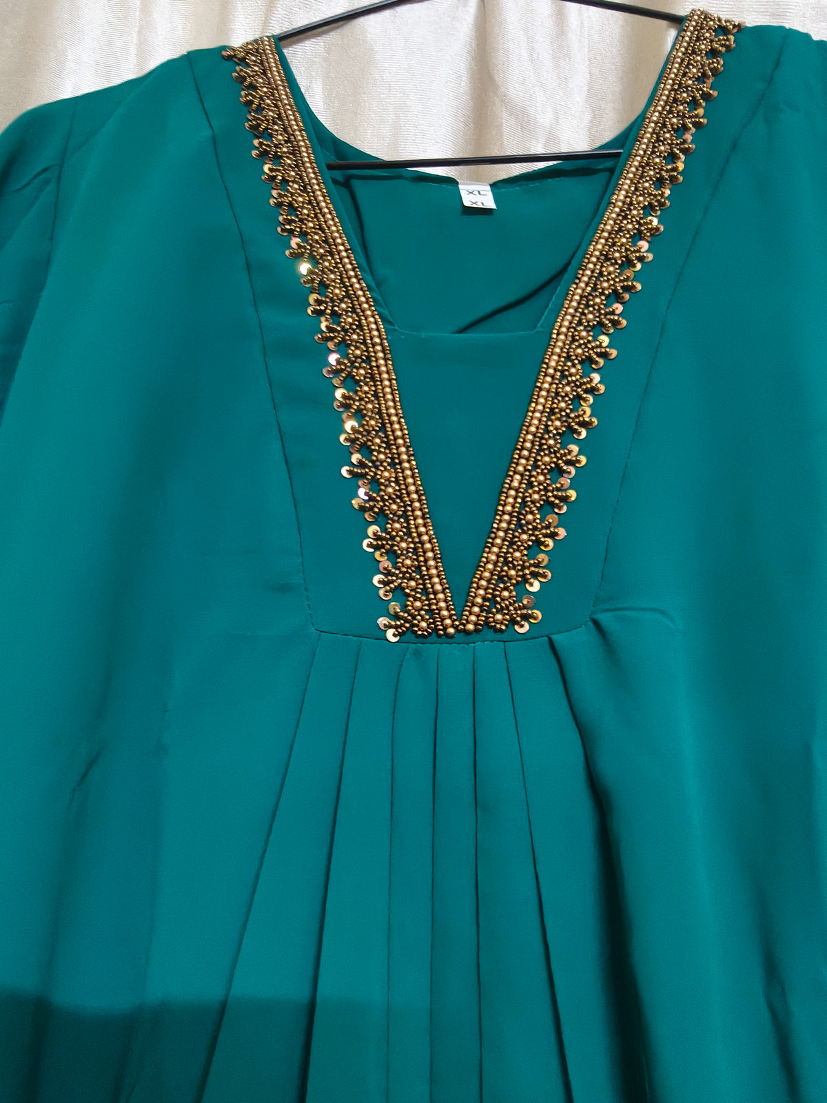 Hand aari work V neck georgette kurti Rama Green