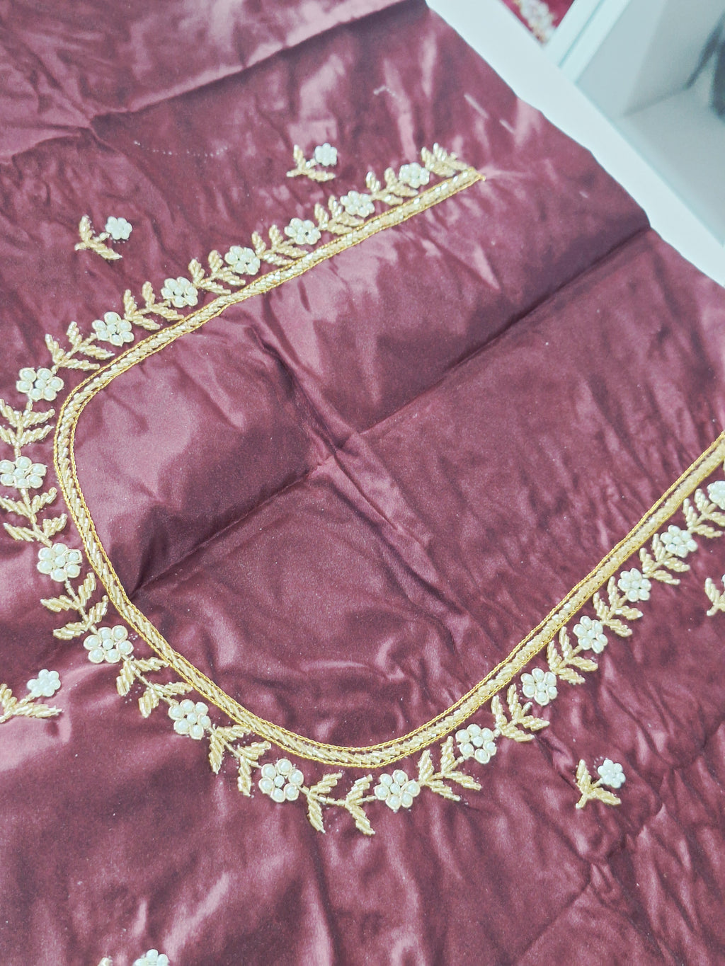 High Sleeve Bridal Aari Work Blouse – Hand Aari with Katdhana & Pearl Beads