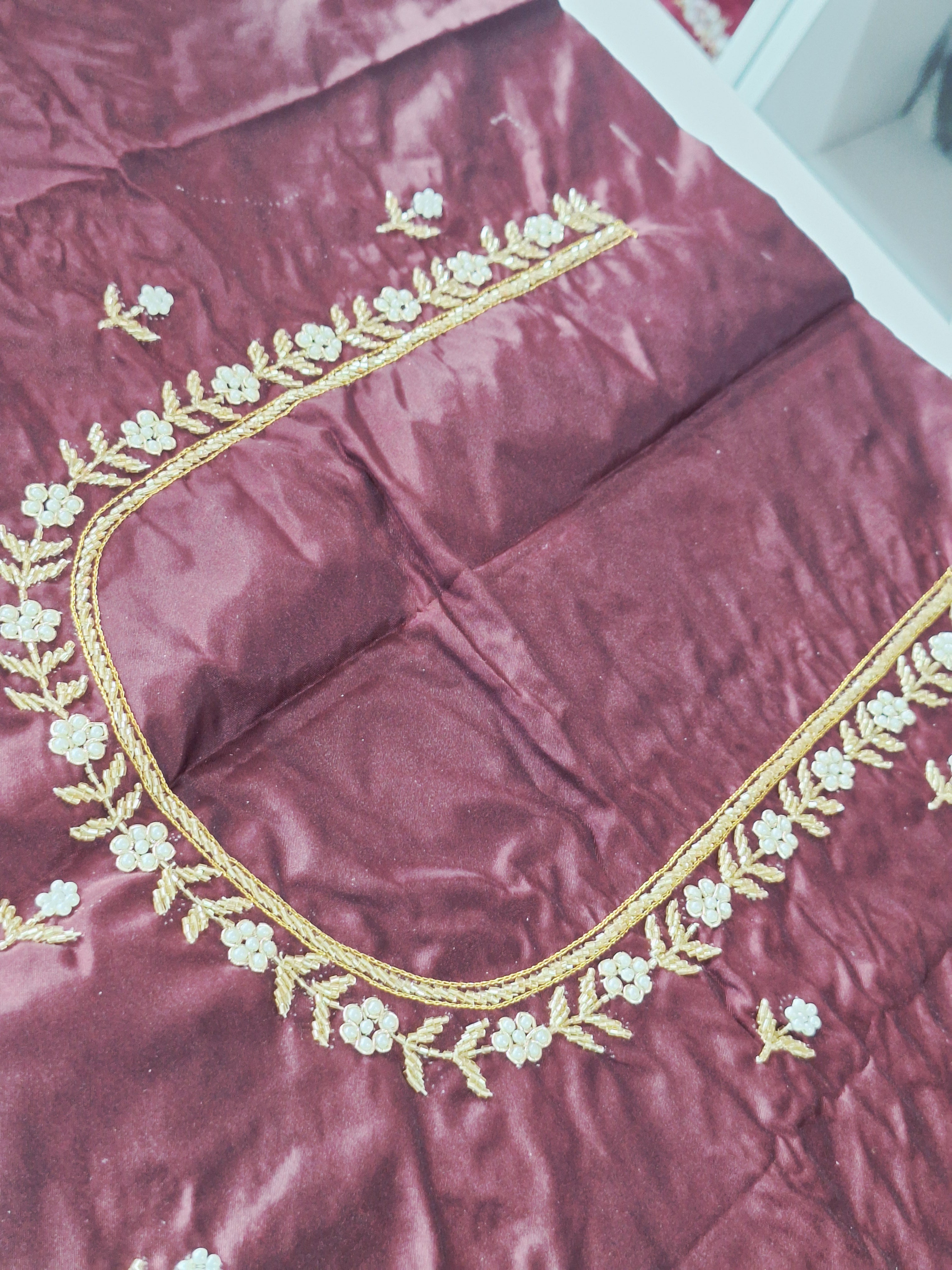High Sleeve Bridal Aari Work Blouse – Hand Aari with Katdhana & Pearl Beads
