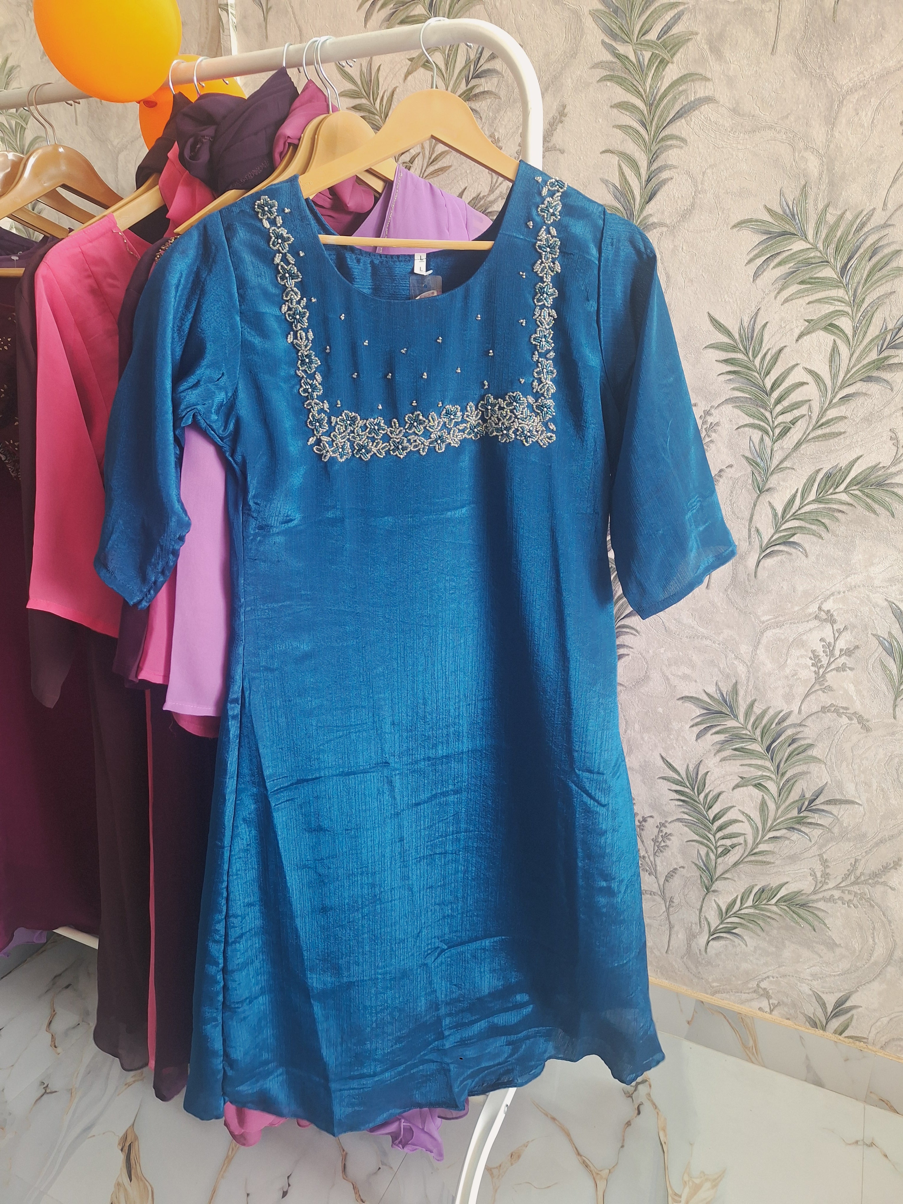 Hand Aari Beaded Kurti – Silver Bead Work, Festive & Formal Wear