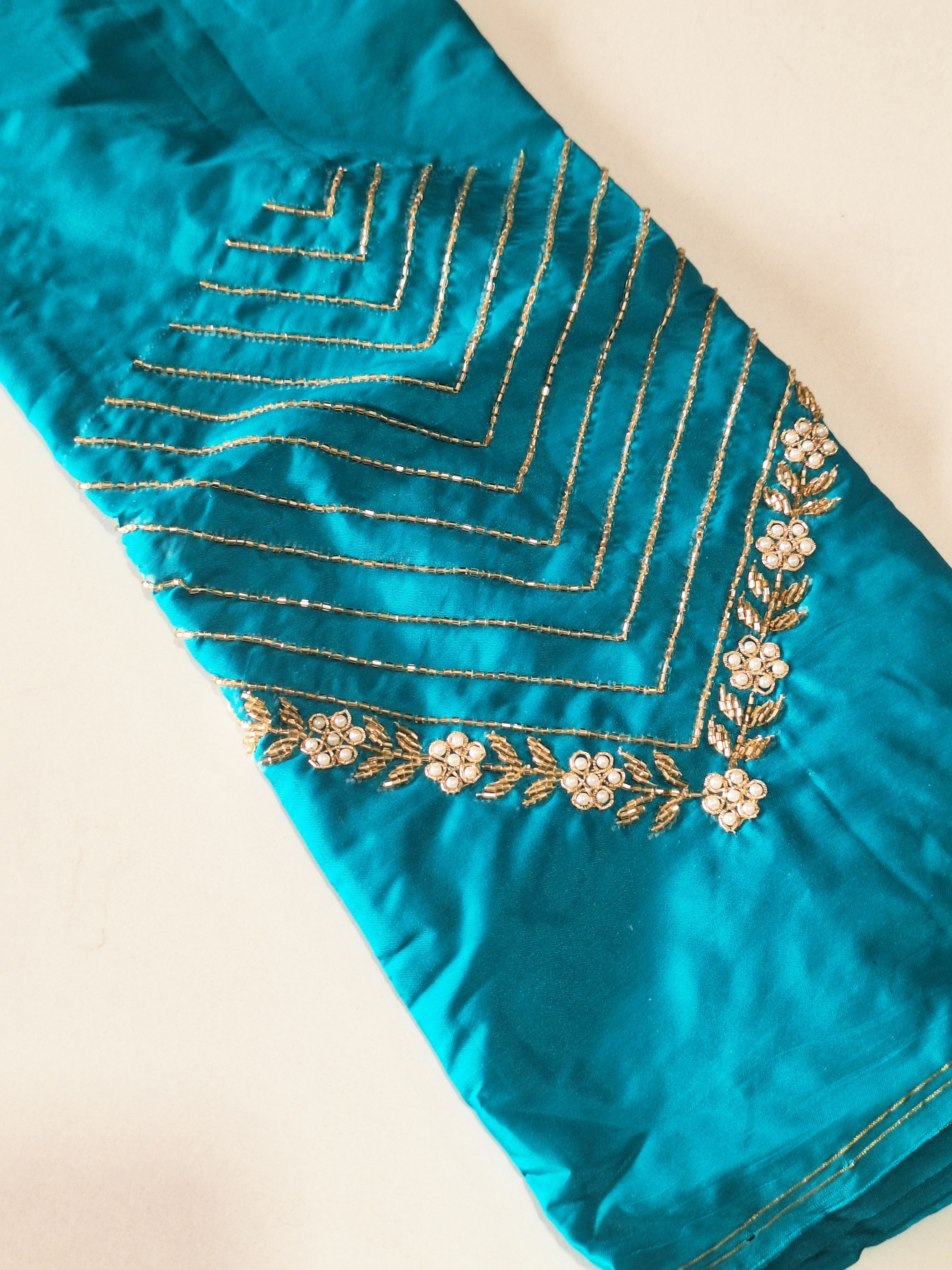 High Sleeve Bridal Aari Work Blouse – Hand Aari with Katdhana & Pearl Beads