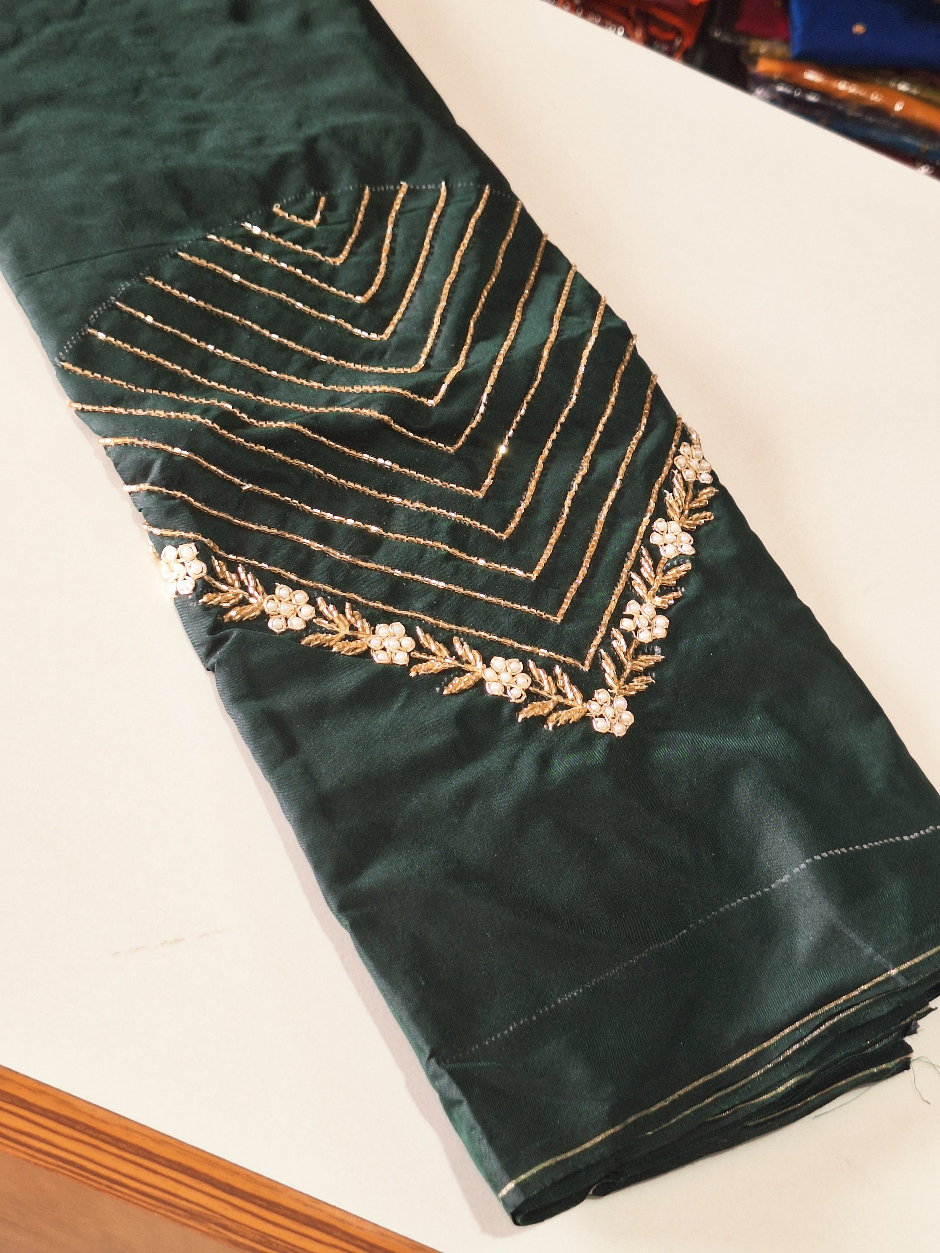 High Sleeve Bridal Aari Work Blouse – Hand Aari with Katdhana & Pearl Beads