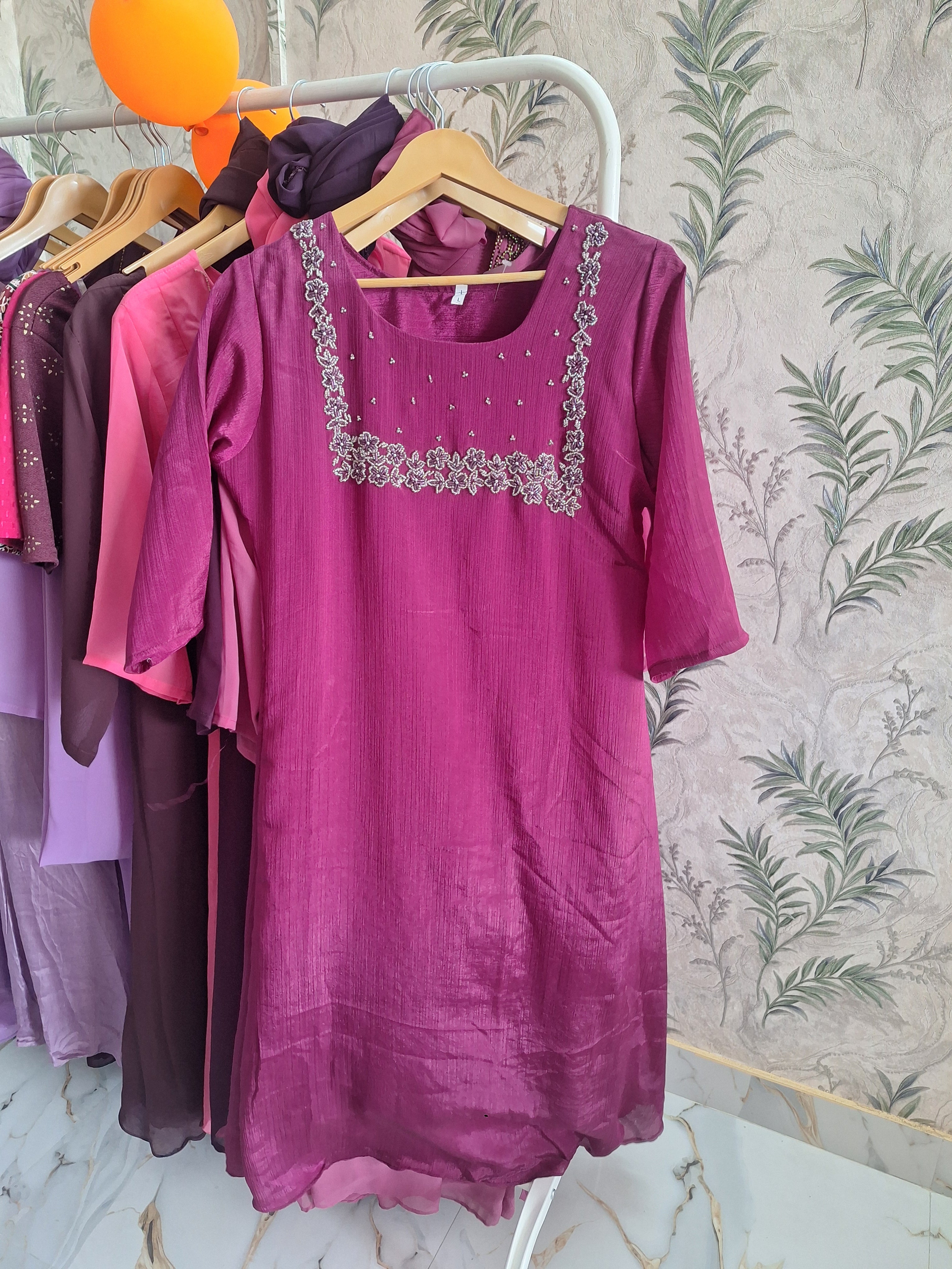 Hand Aari Beaded Kurti – Silver Bead Work, Festive & Formal Wear