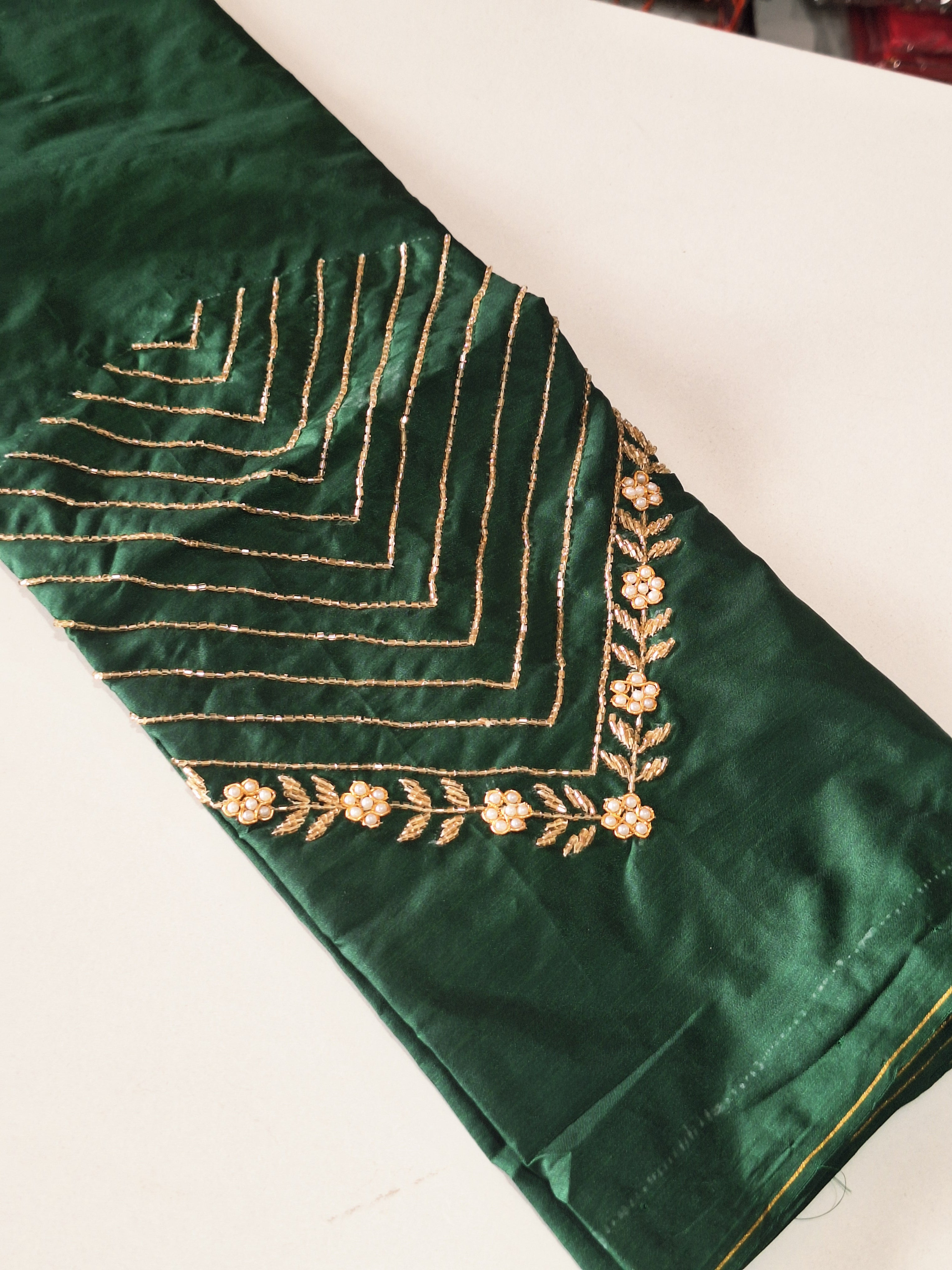 High Sleeve Bridal Aari Work Blouse – Hand Aari with Katdhana & Pearl Beads