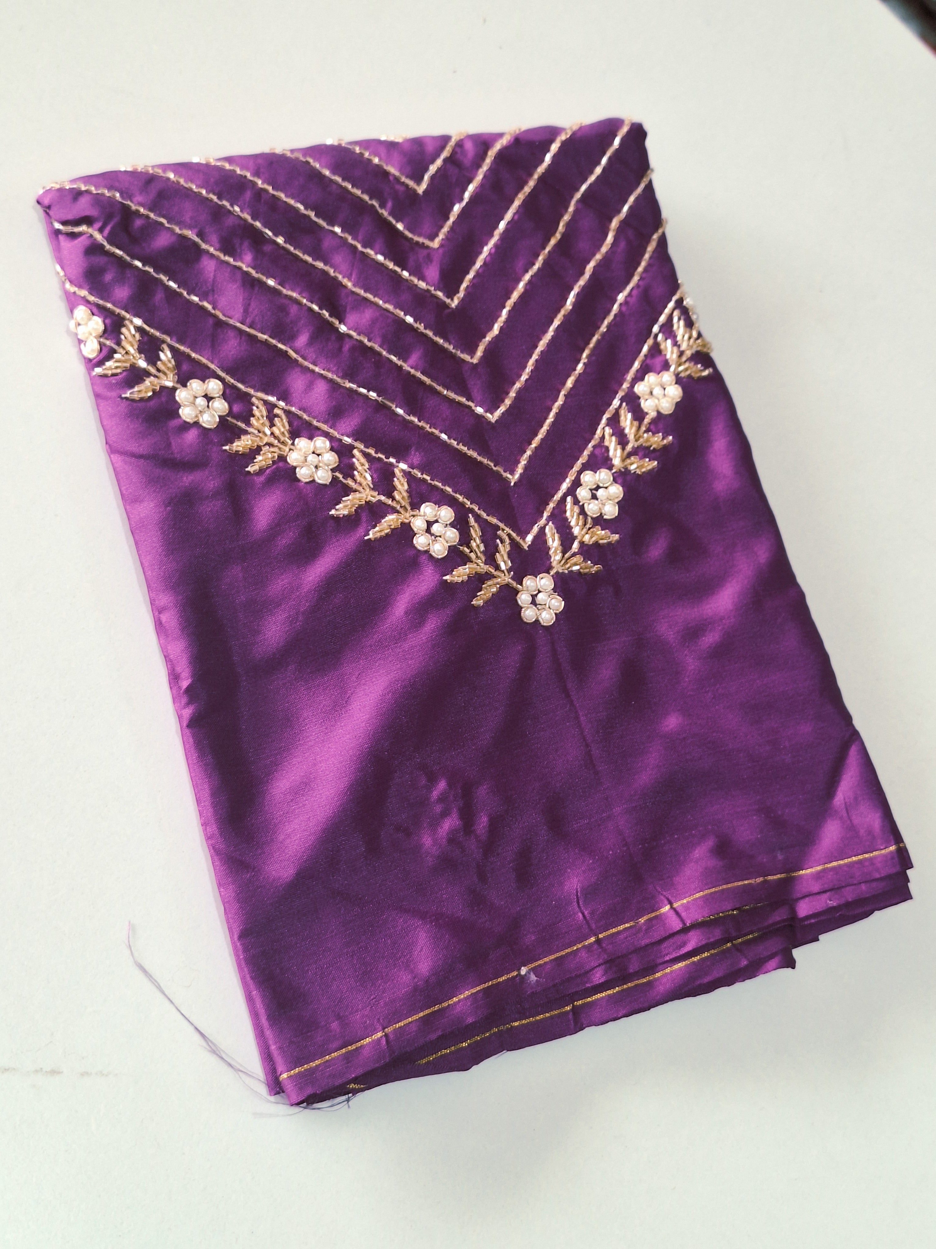 High Sleeve Bridal Aari Work Blouse – Hand Aari with Katdhana & Pearl Beads